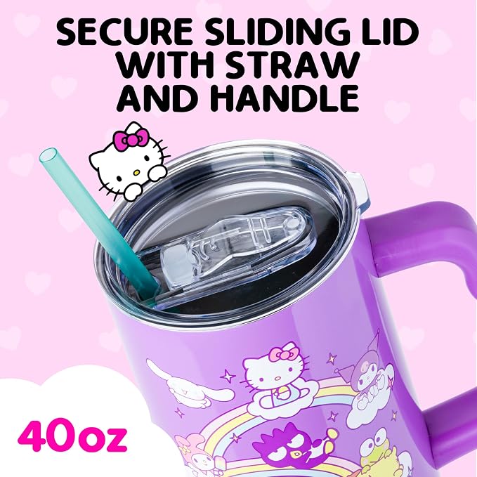 Silver Buffalo Sanrio Hello Kitty and Friends Featuring My Melody, Cinnamoroll, Kuromi, Chococat, Badtz-Maru, Keroppi, and Pompompurin Double Walled Stainless Steel Tumbler with Handle, 40 Ounces - Image 3