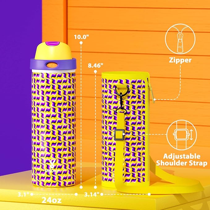 24 oz Insulated Water Bottle with Straw: Meoky Stainless Steel Water Bottle with Holder and Strap - Leak Proof, Cold for 24 Hours, Fits in Car Cup Holder, BPA-Free for Travel Sports Gym, Optic Wave - Image 7