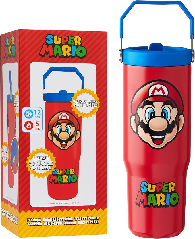 Get Trend Super Mario Tumbler Stainless Steel with Straw 30oz Kids Teens Insulated Cup with Lid Travel Mug Cups for School Sports Gifts for Kids (Red Super Mario) by GetTrend