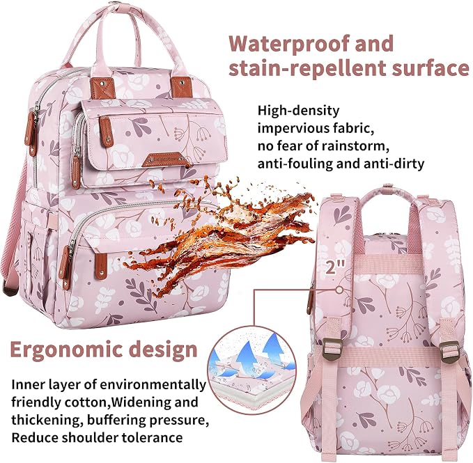Diaper Bag Backpack for Baby Girl, Large Pink Floral Baby Diaper Bags, Baby - Image 6