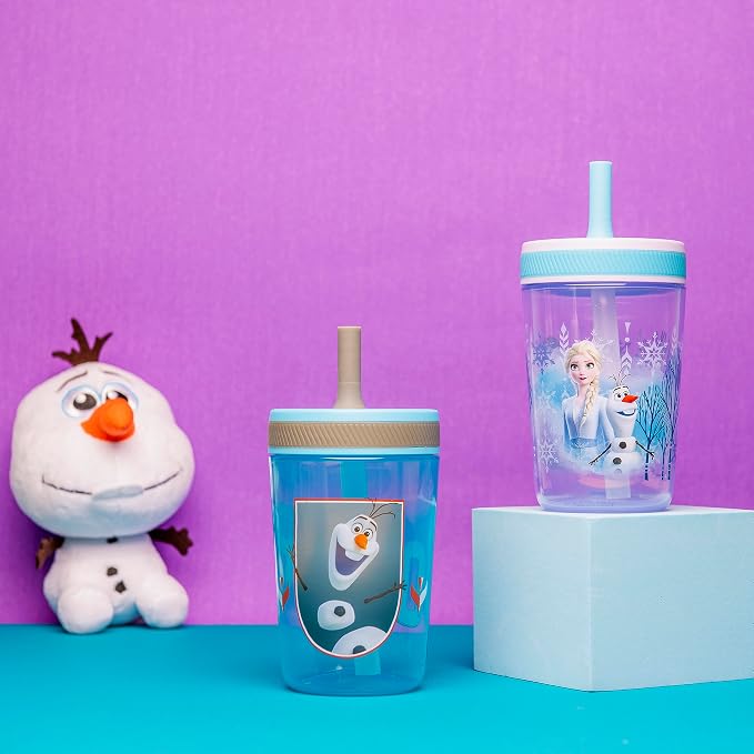 Zak Designs Disney Frozen II Movie Kelso Tumbler Set, Leak-Proof Screw-On Lid with Straw, Made of Durable Plastic and Silicone, Perfect Bundle for Kids (Frozen 2 Olaf, 15 oz, 2pc Set) - Image 2