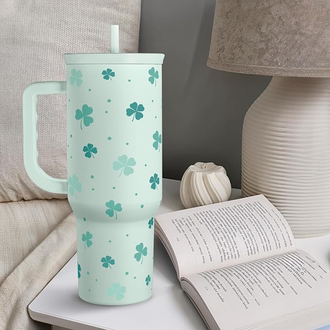 40oz Shamrock Tumbler with Handle and Straw - Insulated Stainless Steel Coffee Travel Mug, Christmas St. Patrick's Day Irish Gifts - Image 6