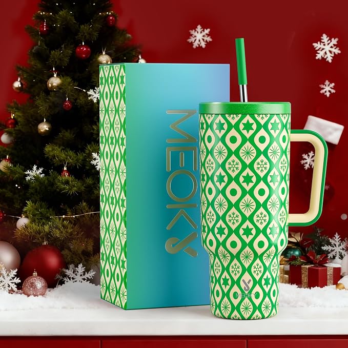Meoky 40 oz Christmas Tumbler with Handle and Straw, Xmas Tumbler with Lid and Straw, Insulated Stainless Steel Travel Mug, Christmas Gifts for Women Men Adults (Emerald Cheer) - Image 6