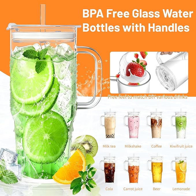 2Pack 40OZ Glass Tumbler with Handle,Glass Cup with Lid and Straw,Reusable Glass Iced Coffee Cup for Beer, Smoothies, Juice,Hot/Cold Drinks-Suitable for Birthday,Wedding,Christmas Gifts - Image 2