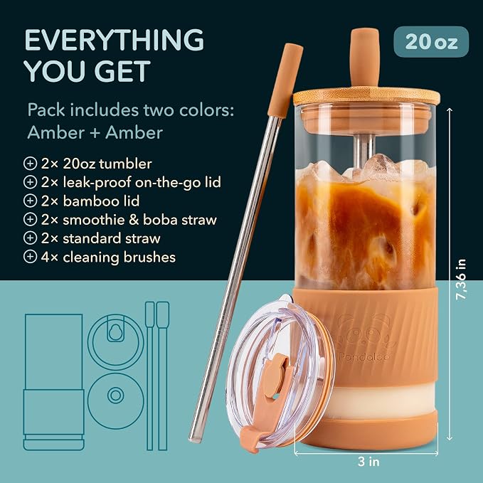 Pandaloo® Glass Cups With Lids and Straws -20 Fl Oz- Perfect Size Iced Coffee Cup - Smoothie Cup With Bamboo Lid and On the go Lid - Glass Tumbler With Straw (2 Count (Pack of 1), Amber Sand) - Image 2