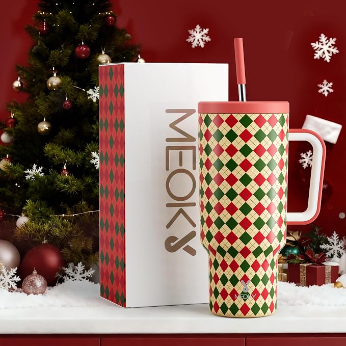 Meoky 40 oz Christmas Tumbler with Handle and Straw, Xmas Tumbler with Lid and Straw, Insulated Stainless Steel Travel Mug, Christmas Gifts for Women Men Adults (Winter Plaid) - Image 6