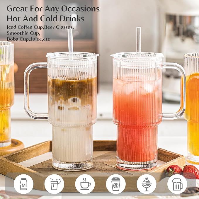 INSETLAN 24oz Ribbed Glass Tumbler with Handle & Lid – 2-Pack Large Iced Coffee Cups with Straws, Modern Glass Mug for Cold & Hot Beverages, Aesthetic Travel Cup for Smoothies, Tea, and Juice - Image 6