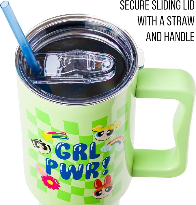 Silver Buffalo Powerpuff Girls Girl Power Groovy Retro Featuring Blossom, Bubbles, and Buttercup Double Walled Stainless Steel Tumbler with Handle and Straw, Fits in Standard Cup Holder, 40 Ounces - Image 2