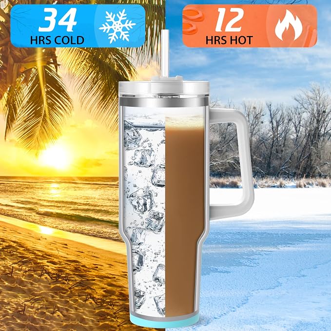TaroKitc 40 oz Tumbler with Handle | Stainless Steel Insulated Travel Mug with Lids and Straw | Iced Coffee Cup | Keeps Cold for 34 Hours | Dishwasher Safe, BPA Free | Clear Sky - Image 3