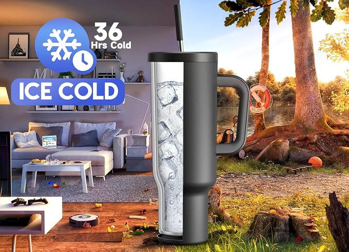 Meoky 50 oz Tumbler with Handle, Tumbler with Lid and Straw, Insulated Stainless Steel Travel Mug, 100% Leak-proof, Keeps Cold for 36 Hours or Hot for 12 Hours (Night) - Image 2