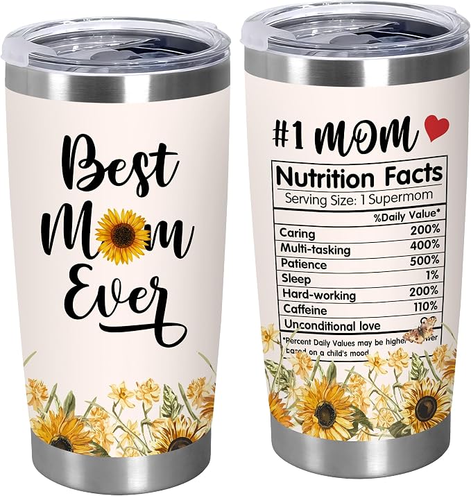 TEEZWONDER Mothers Day Gifts for Mom from Daughter Son - #1 Nutrition Facts Sunflower Stainless Steel Insulated Coffee Tumbler with Lid 20 oz - Birthday Gifts for Mama Grandma Women by Teezwonder