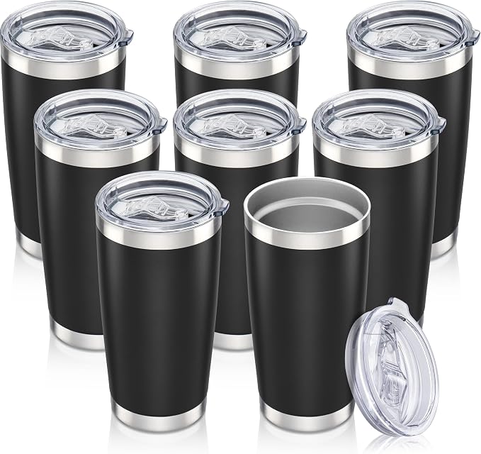 20 oz Tumbler with Lid Stainless Steel Insulated Tumblers Bulk Double Wall Vacuum Cups Powder Coated Travel Mug Keep Drink Cold and Hot, Black, 8 Pack by Orebigo