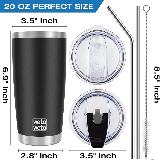 WETOWETO 20oz Tumbler with 2 lids and 2 straws, Stainless Steel Vacuum Insulated Coffee Tumbler Cup, Double Wall Powder Coated Leak-proof Travel Coffee Mug Cup (Black, 1 Pack) - Image 3