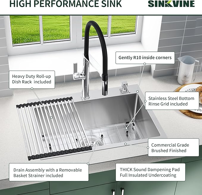 25-Inch Drop-In Kitchen Sink, SINKVINE 25" x 18" Stainless Steel Indoor and - Image 6