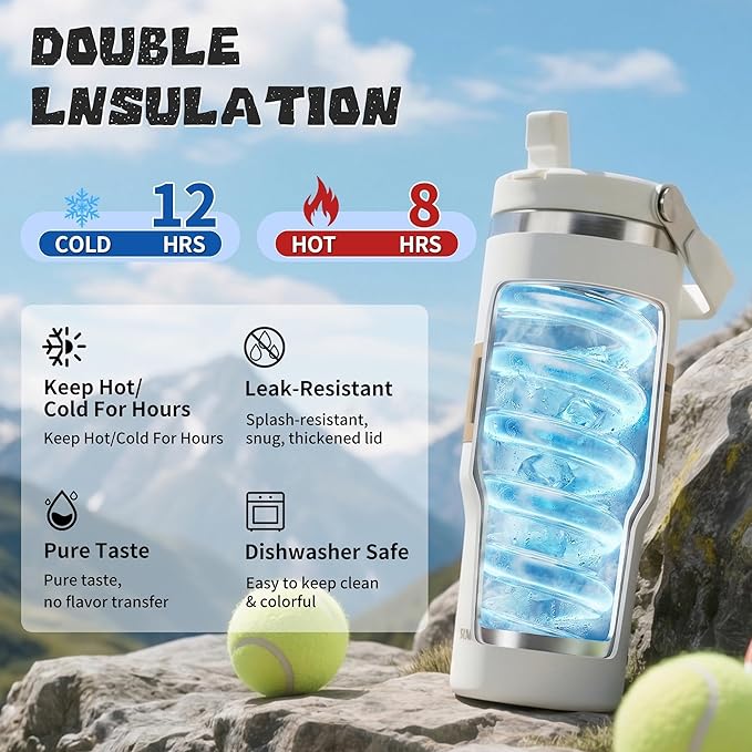 30oz Flip Straw Insulated Water Bottle with Handle, Leak Proof Stainless Steel Travel Coffee Mug, Double Wall Vacuum Tumbler for Cold Drinks, Gym Office Travel Essentials - Image 3