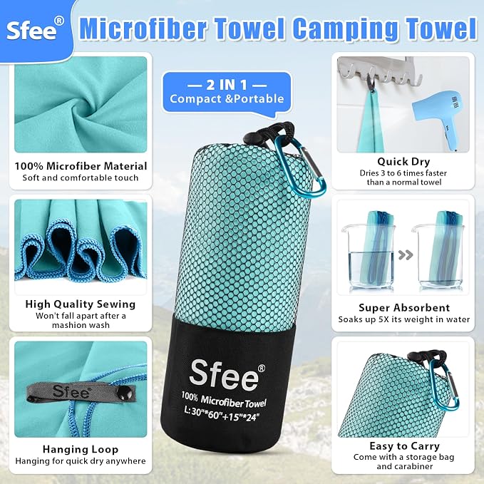 Sfee 2 Pack Microfiber Travel Towel, Quick Dry Towel Camping Towel Large Beach - Image 2