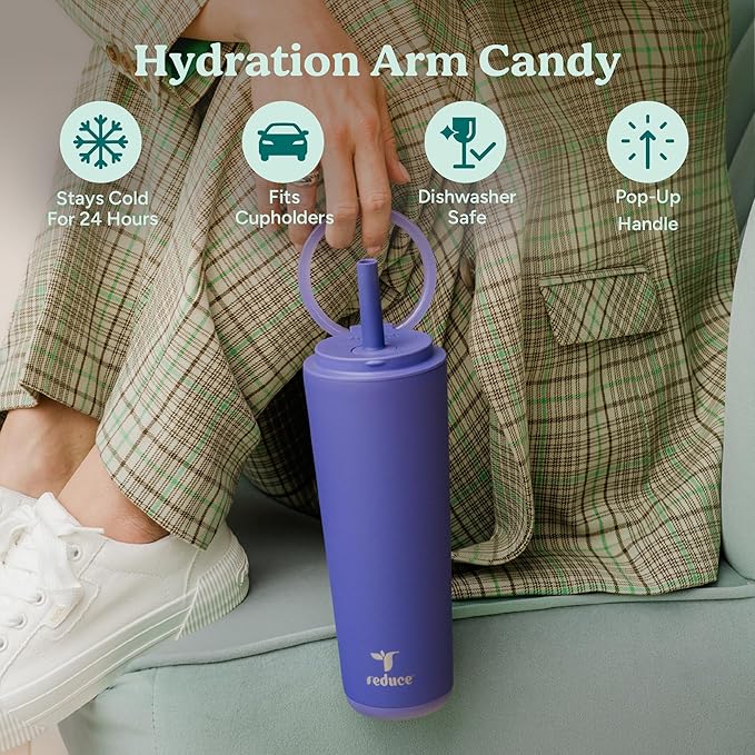 REDUCE Halo 24 oz Stainless Steel Vacuum Insulated Tumbler - Spill Proof Travel Mug with Flip Handle Lid - Keeps Drinks Cold for 32 Hrs - Dishwasher Safe - Cupholder Friendly - Matcha - Image 3