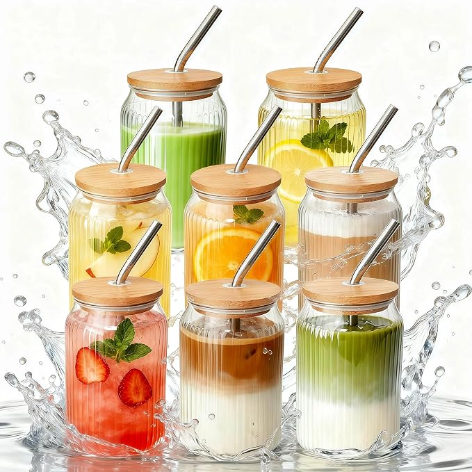 8 Packs Ribbed Glass Tumbler with Lid and Straw Ice Coffee Cup Kitchen Gadgets 16 oz Apartment Essentials New Home Must Haves Things Stuff Accessories House Warming Housewarming Hostess Host Gift by Unknown