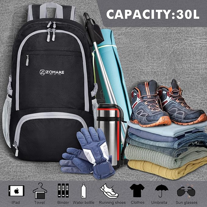 ZOMAKE Lightweight Packable Backpack 30L, Foldable Hiking Backpacks Water - Image 2