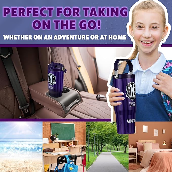 Get Trend Wednesday Tumbler with Straw 30oz Girls Teens Insulated Cup with Lid Handle Travel Mug Cups with Lids for School Sports Gifts for Girls (Purple Wednesday) - Image 3