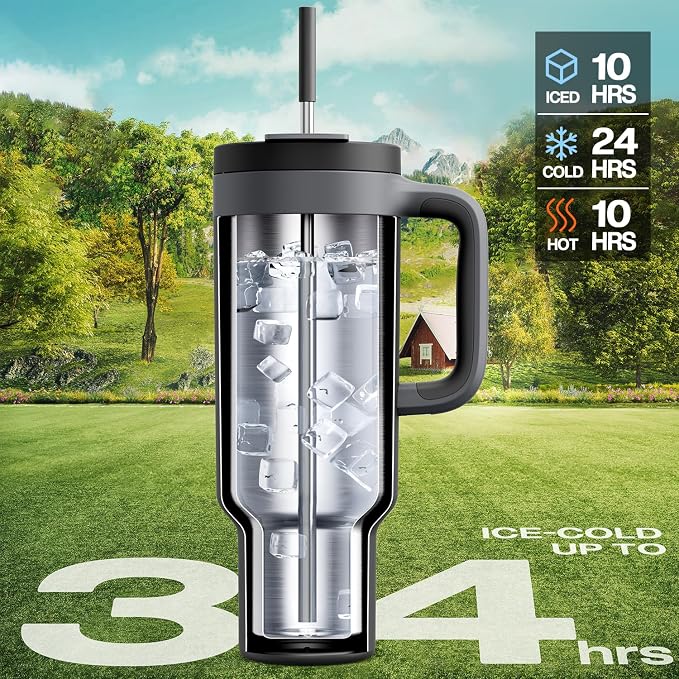 POWCAN 50 oz Tumbler with Handle, 2-in-1 Straw and Sip Lid, Leakproof, Dishwasher Safe, Insulated Stainless Steel Travel Coffee Mug, Keeps Cold for 34 Hours, Fits in Car Cup Holder (Midnight) - Image 2