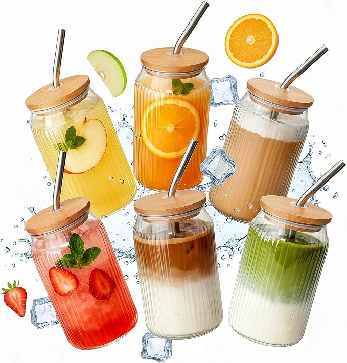6 Packs Ribbed Glass Tumbler with Lid and Straw Ice Coffee Cup 16 oz Employee Christmas Appreciation Gift Idea Bulk Team Boss End Year Work Office Staff Coworker Team Group Colleague Teamwork Thank by Unknown