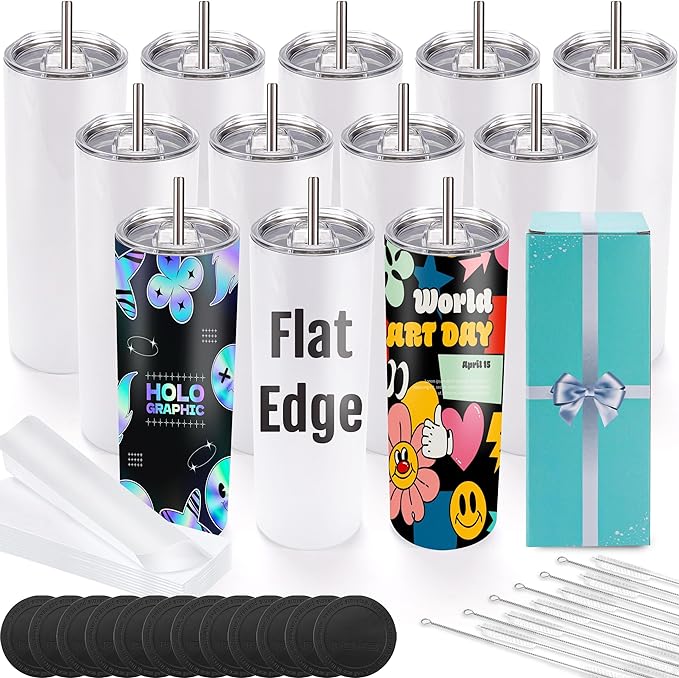 12 Pack Sublimation Tumblers 20 oz Bulk Blank Tumblers Skinny Straight Flat Bottom Cups White with Lid and Straw by Joyclub