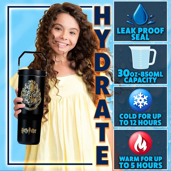 Get Trend Harry Potter Tumbler with Straw 30oz Kids Teens Insulated Cup with Lid Handle Travel Mug Cups with Lids for School Sports Gifts for Kids (Black Harry Potter) - Image 2