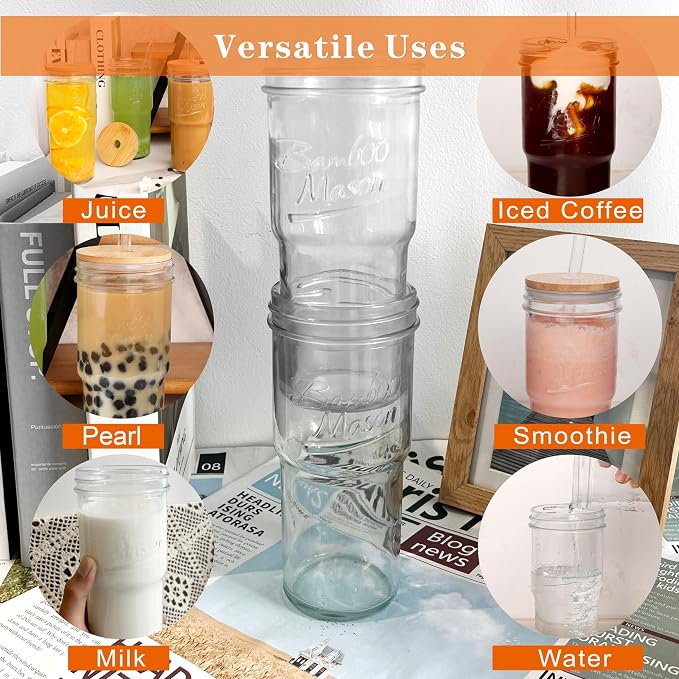 ANOTION Glass Cups with Lids and Straws 4 Packs, 24oz Travel Coffee Mug Bamboo Mason Jar Valentines Party Drinking Jars Glasses Cute Clear Glass Tumbler for Iced Coffee, Smoothie, Tea, Water - Image 4