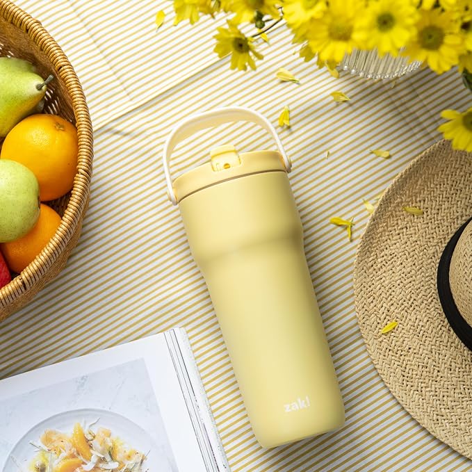 Zak Designs Sutton Travel Tumbler for On the Go, 30oz Stainless Steel with Vacuum Insulation, Straw Spout, Carry Handle for Cold Drinks (Vanilla Yellow) - Image 3