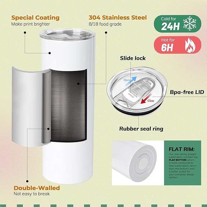 Joyclub 1 Pack Sublimation Tumbler 20 oz Bulk Blank Tumblers Skinny Straight Flat Bottom Cups White with Lid and Straw - Image 4