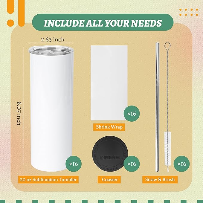 Joyclub 16 Pack Sublimation Tumblers Blanks 20 oz Flat Edge Skinny Straight Sublimation Cups With Lids and Straws for Heat Press No Gift Boxes - Image 3
